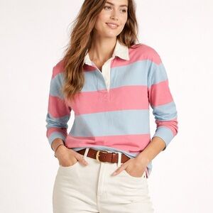 L.L. Bean Women's Signature Original Cotton Rugby Polo Cadet Blue Red Size Small